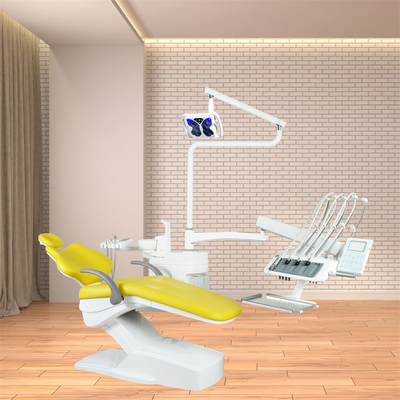 Fabriek Anzhe Nieuw ontwerp tandheelkundige stoel eenheid met tanden whitening functie Operatie Licht onderhang gele PU tandheelkundige eenheid